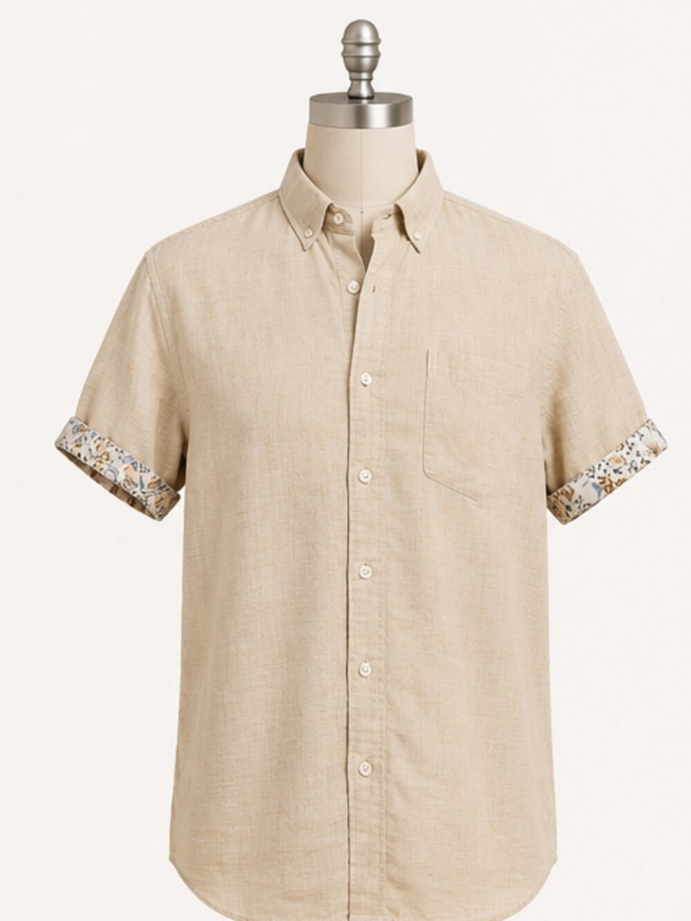 Denim & Flower Ricky Singh Beige Cotton Button-Up Shirt Floral Trim EU 42 US L